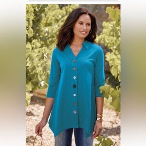 Soft Surroundings Danielle Teal Whimsy ButtonFront Lagenlook Tunic. Size 2X